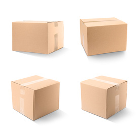 Image of Set of closed cardboard boxes on white background