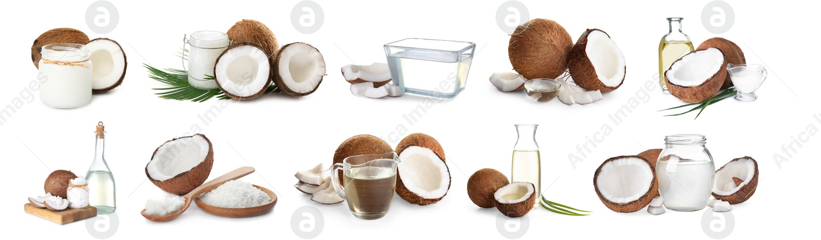 Image of Set of coconuts and organic cooking oil on white background. Banner design