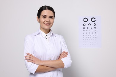 Photo of Ophthalmologist near vision test chart on white wall