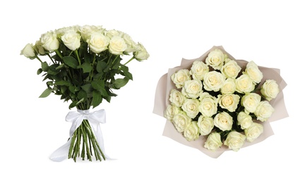 Image of Two beautiful rose bouquets on white background