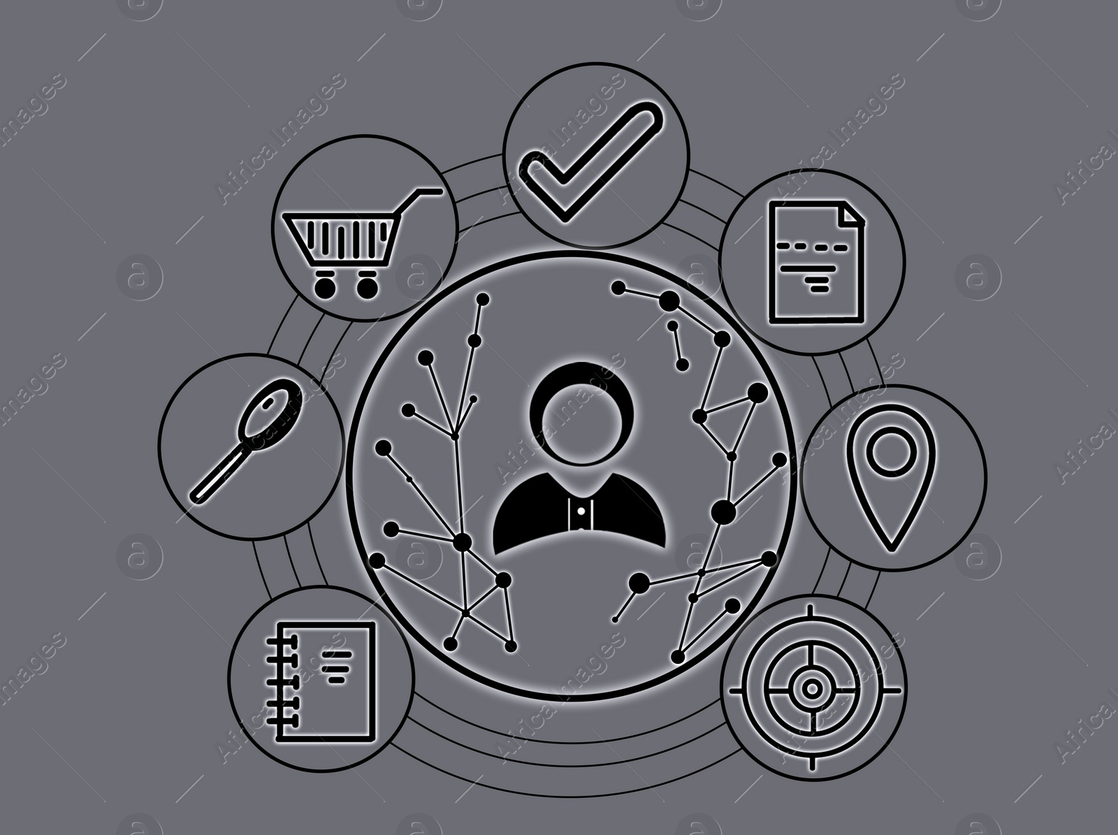 Illustration of Search inquiries. Set of different icons and human figure in center
