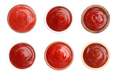 Image of Set of tasty ketchup in different bowls isolated on white, top view. Tomato sauce