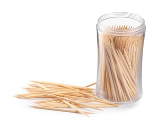 Photo of Holder with wooden toothpicks on white background