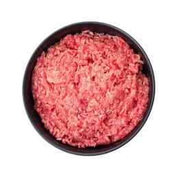 Fresh minced meat in bowl on white background, top view