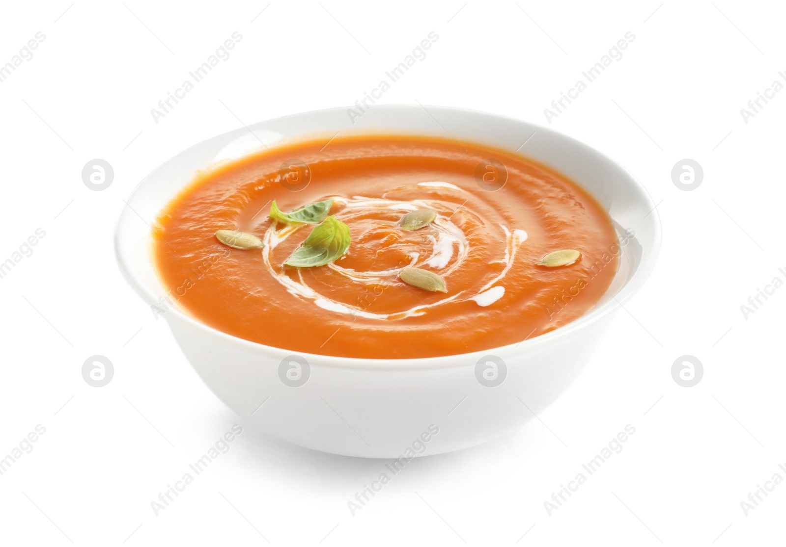 Photo of Bowl of tasty sweet potato soup isolated on white