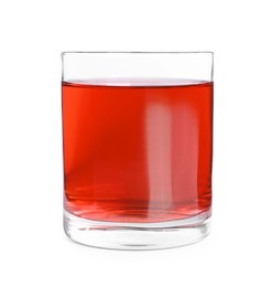 Photo of Tasty refreshing cranberry juice in glass isolated on white