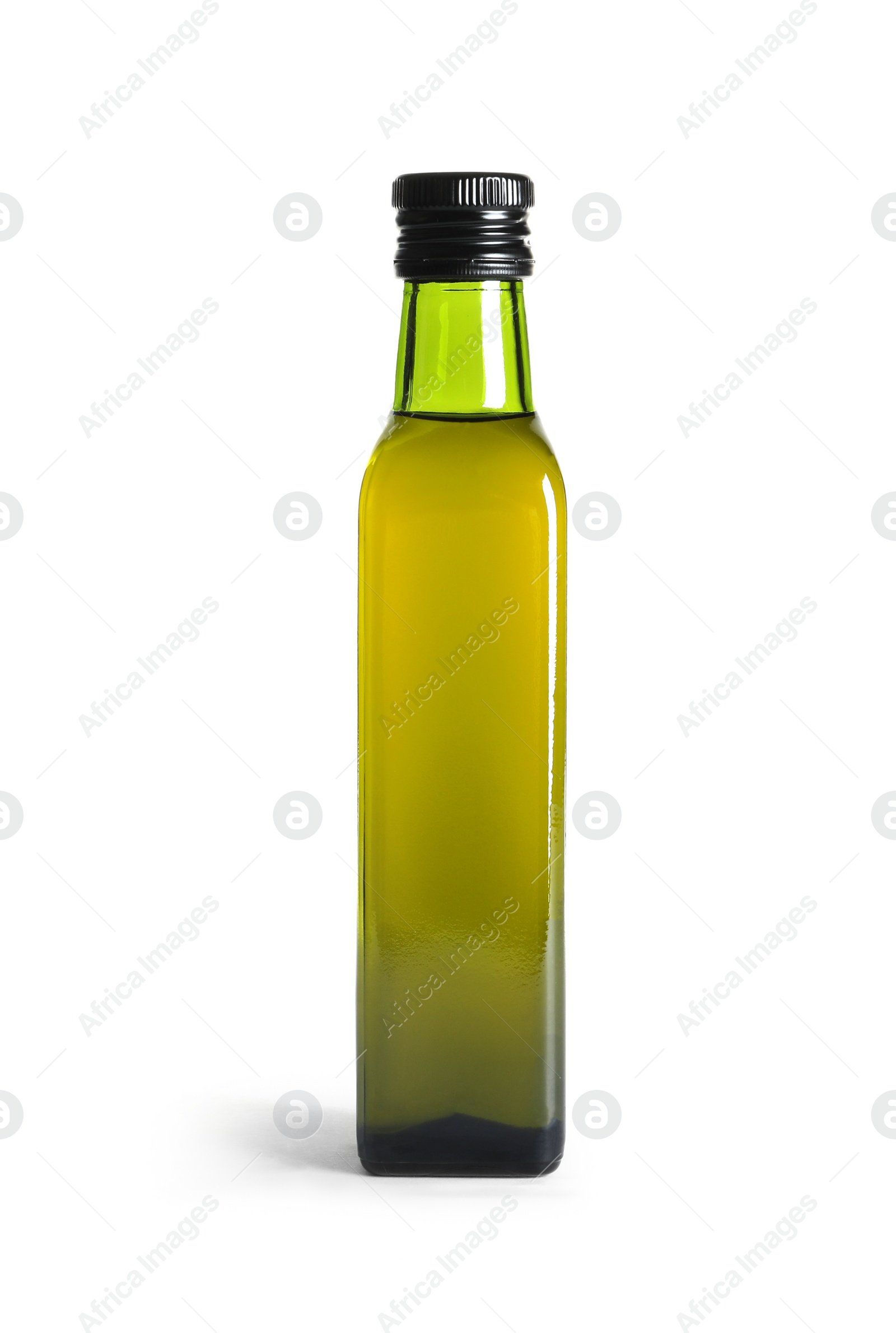 Photo of Glass bottle with fresh olive oil on white background