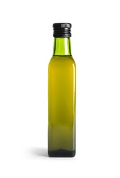 Glass bottle with fresh olive oil on white background