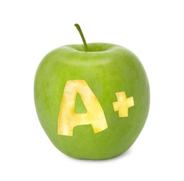 Image of Green apple with carved letter A and plus symbol as school grade on white background