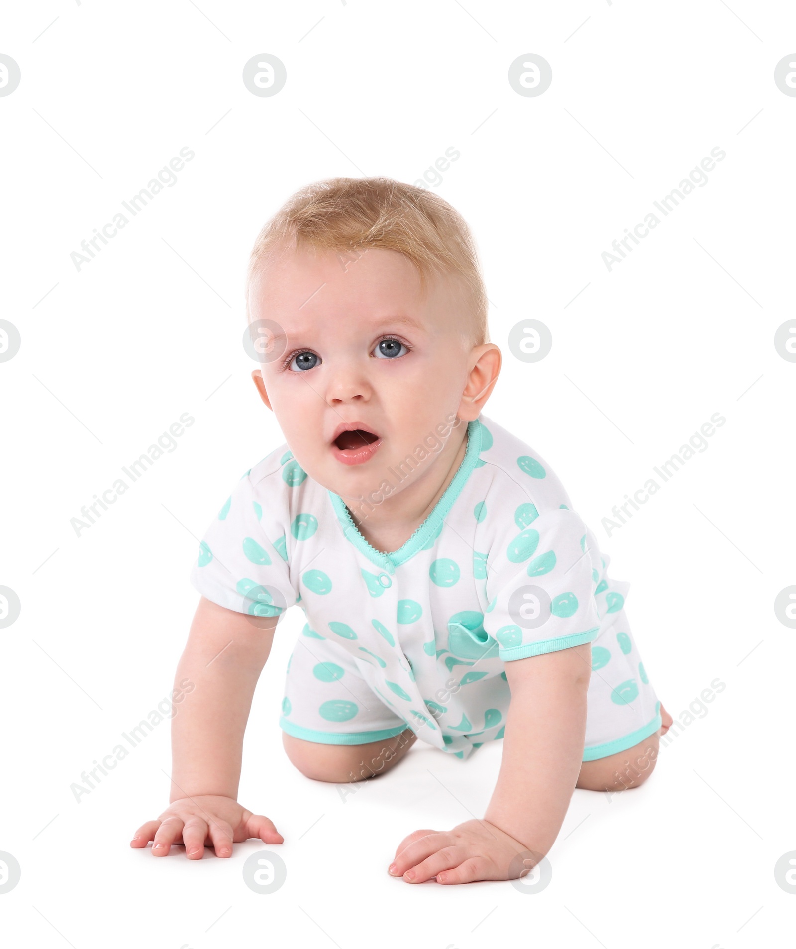 Photo of Cute little baby crawling on white background