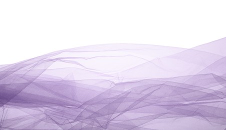 Photo of Beautiful purple tulle fabric on white background, top view. Space for text