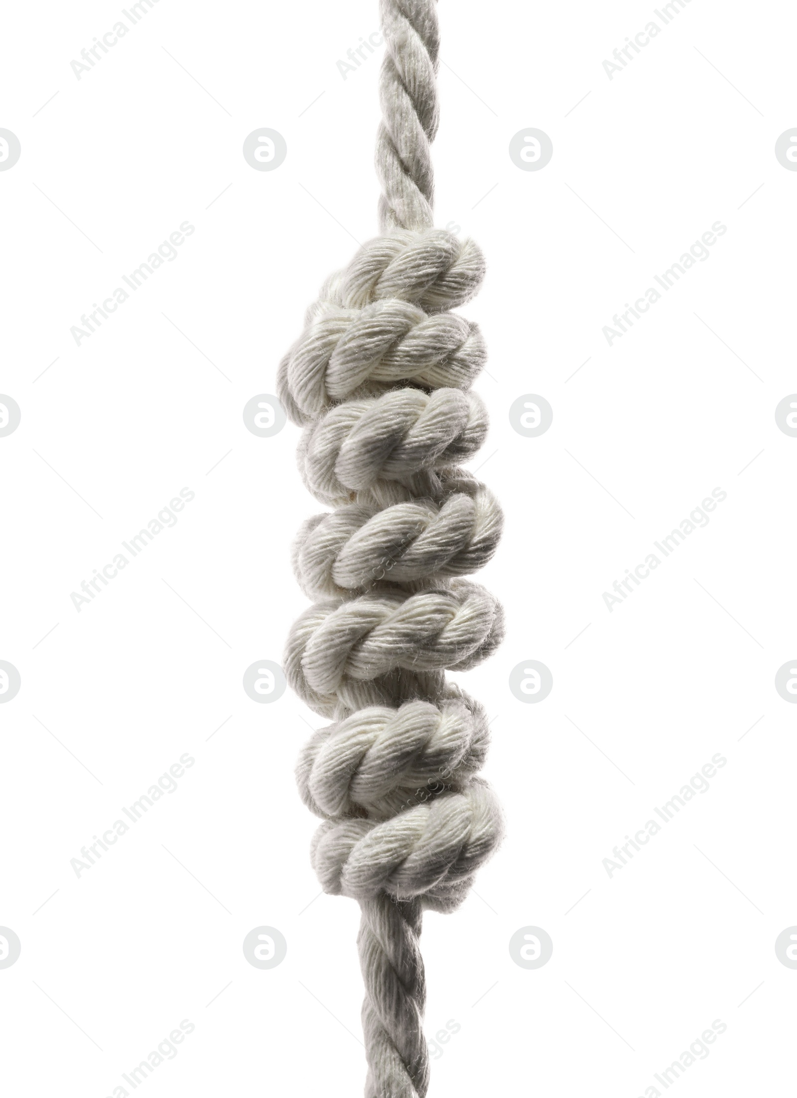 Photo of Hemp rope with knots isolated on white