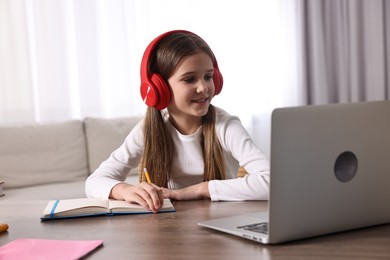 Photo of E-learning. Cute girl taking notes during online lesson at table indoors