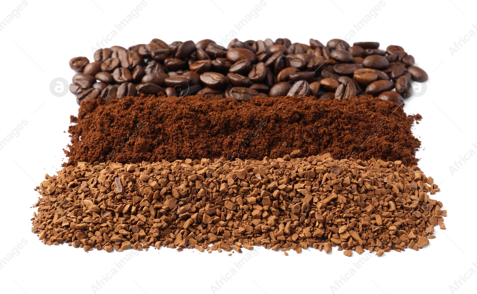 Photo of Beans, instant and ground coffee on white background