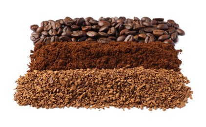 Beans, instant and ground coffee on white background