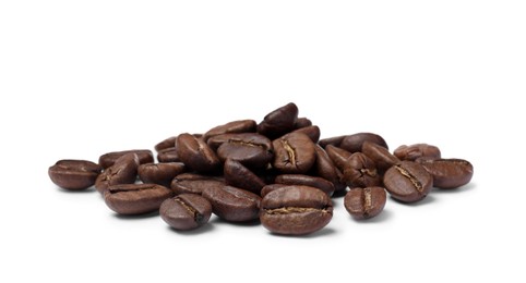 Pile of roasted coffee beans on white background