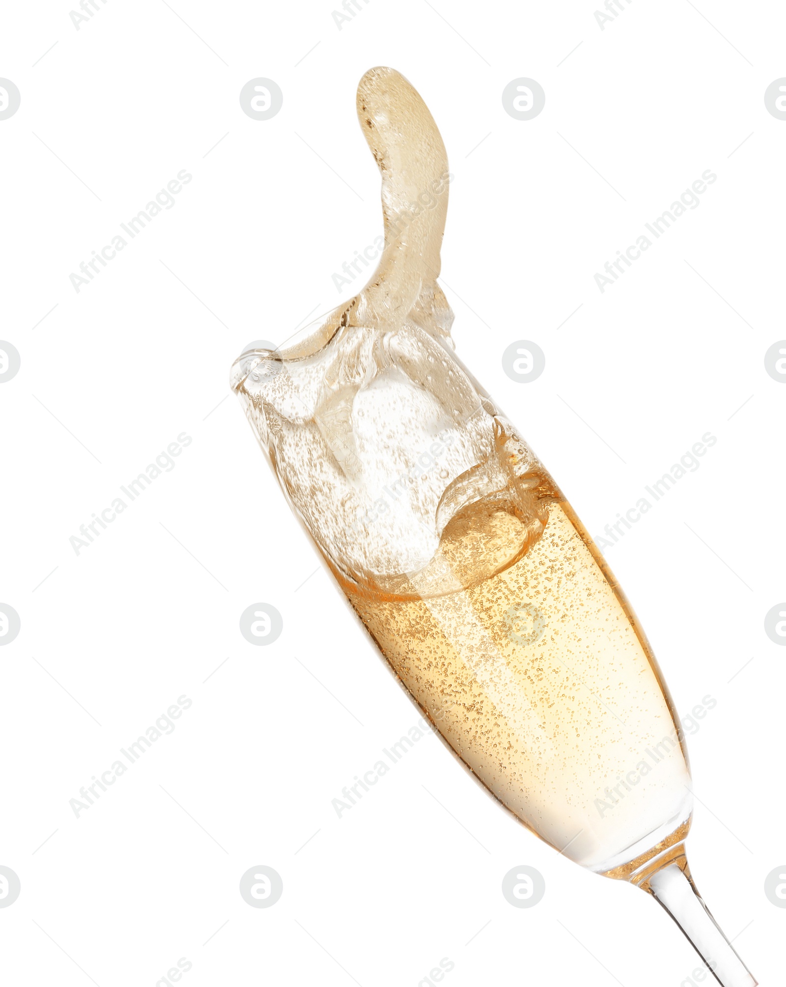 Photo of Glass of champagne on white background. Festive drink