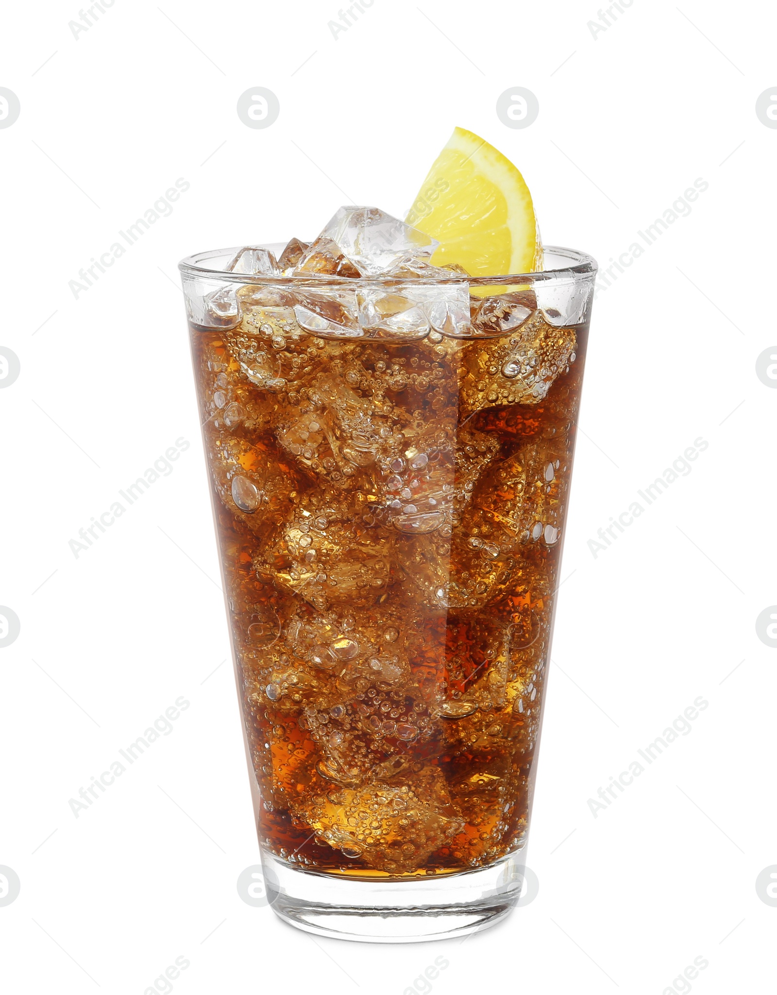 Photo of Glass of refreshing soda drink with ice cubes and lemon isolated on white