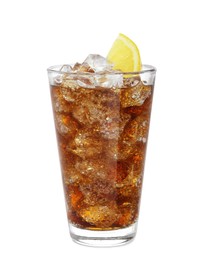 Photo of Glass of refreshing soda drink with ice cubes and lemon isolated on white