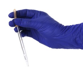 Photo of Scientist with pipette on white background, closeup