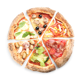 Slices of different delicious pizzas on white background, top view