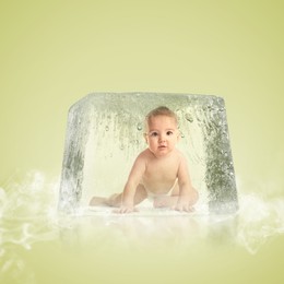 Cryopreservation as method of infertility treatment. Baby in ice cube on olive color background