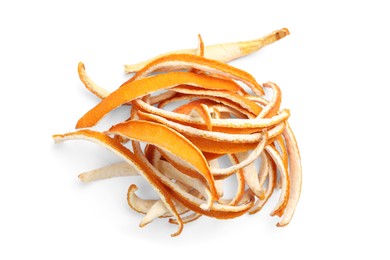 Photo of Pile of dry orange peels on white background, top view