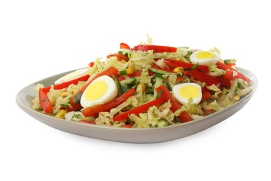 Photo of Plate of delicious salad with Chinese cabbage and quail eggs isolated on white