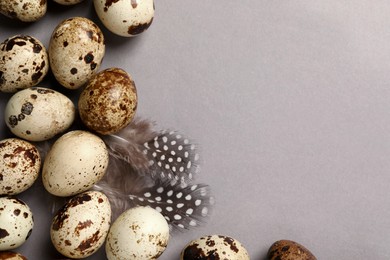Photo of Speckled quail eggs and feathers on light grey background, flat lay. Space for text