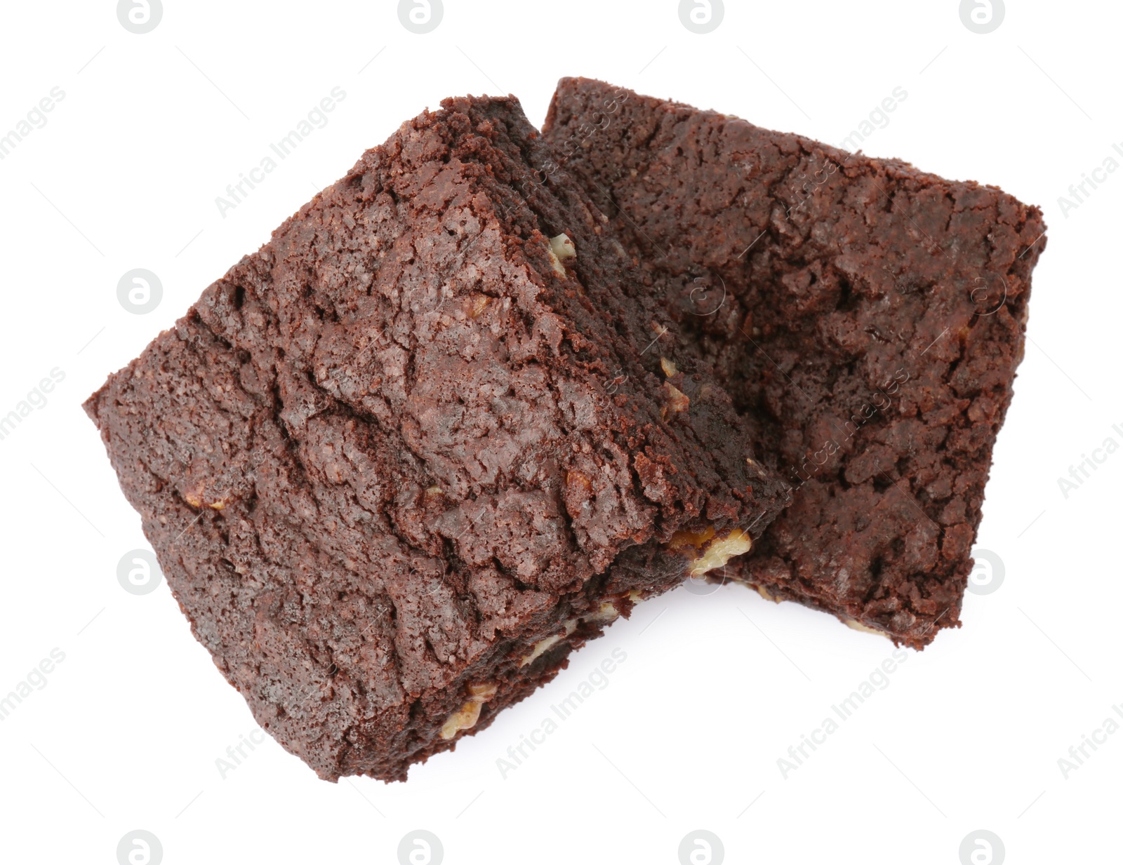 Photo of Delicious brownies on white background, top view