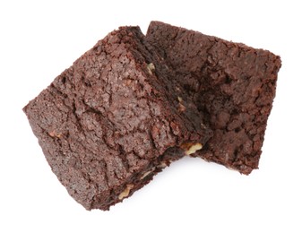 Delicious brownies on white background, top view