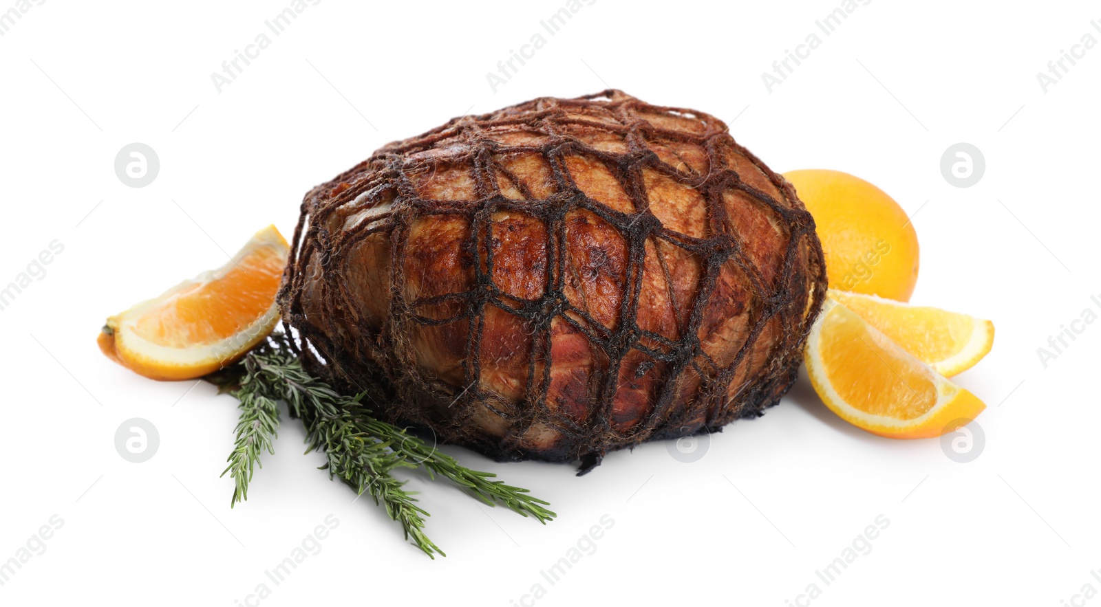 Photo of Delicious baked ham, orange and rosemary isolated on white