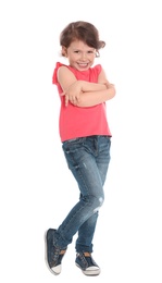 Full length portrait of cute little girl in casual outfit on white background