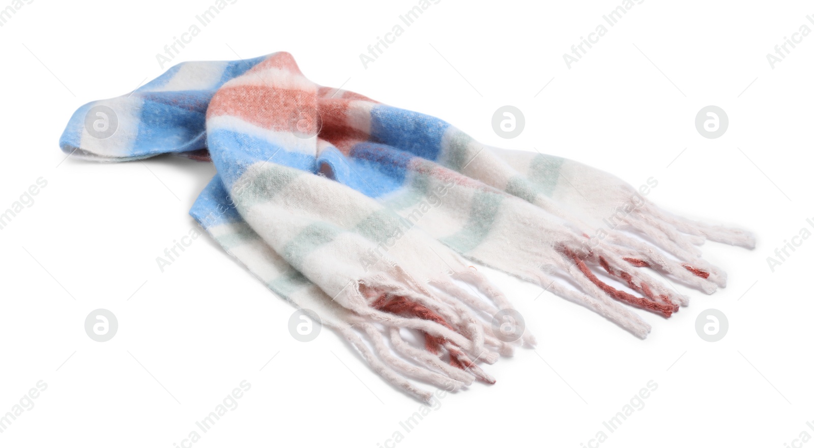 Photo of One beautiful checkered scarf on white background