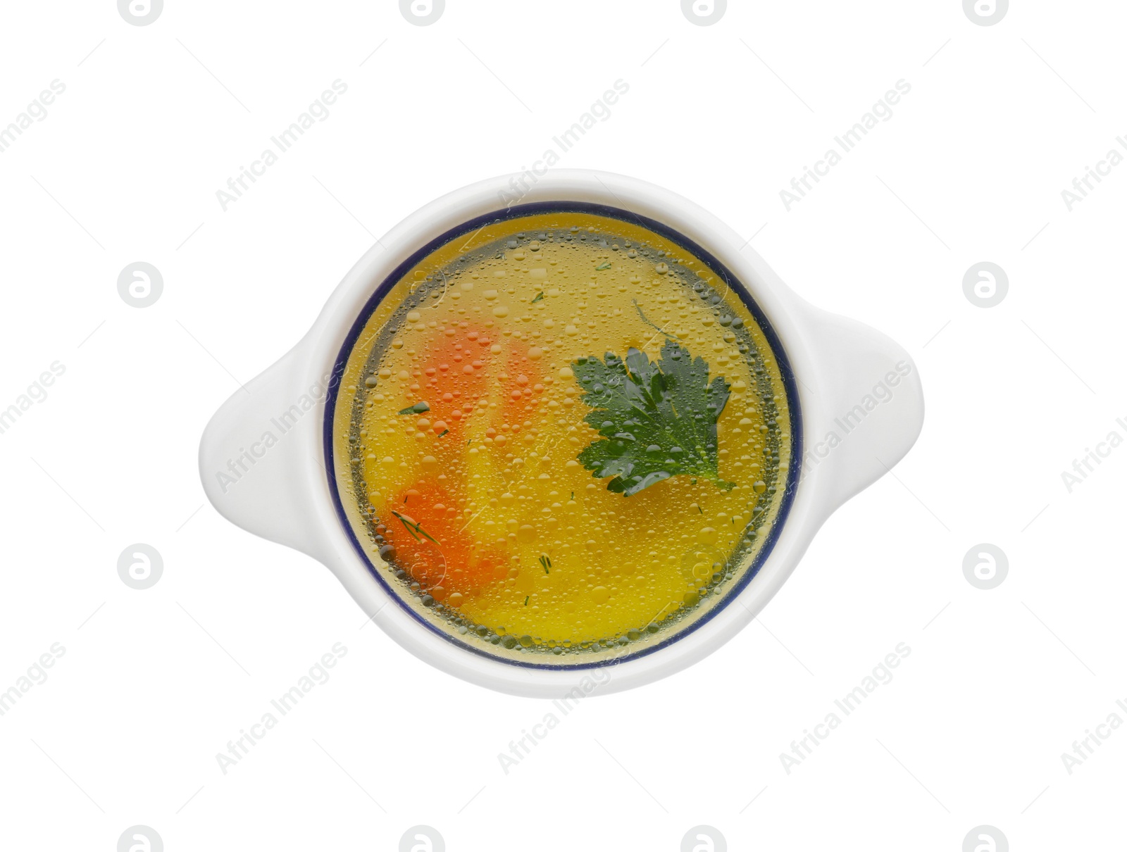 Photo of Delicious chicken bouillon with carrot and parsley in bowl on white background, top view