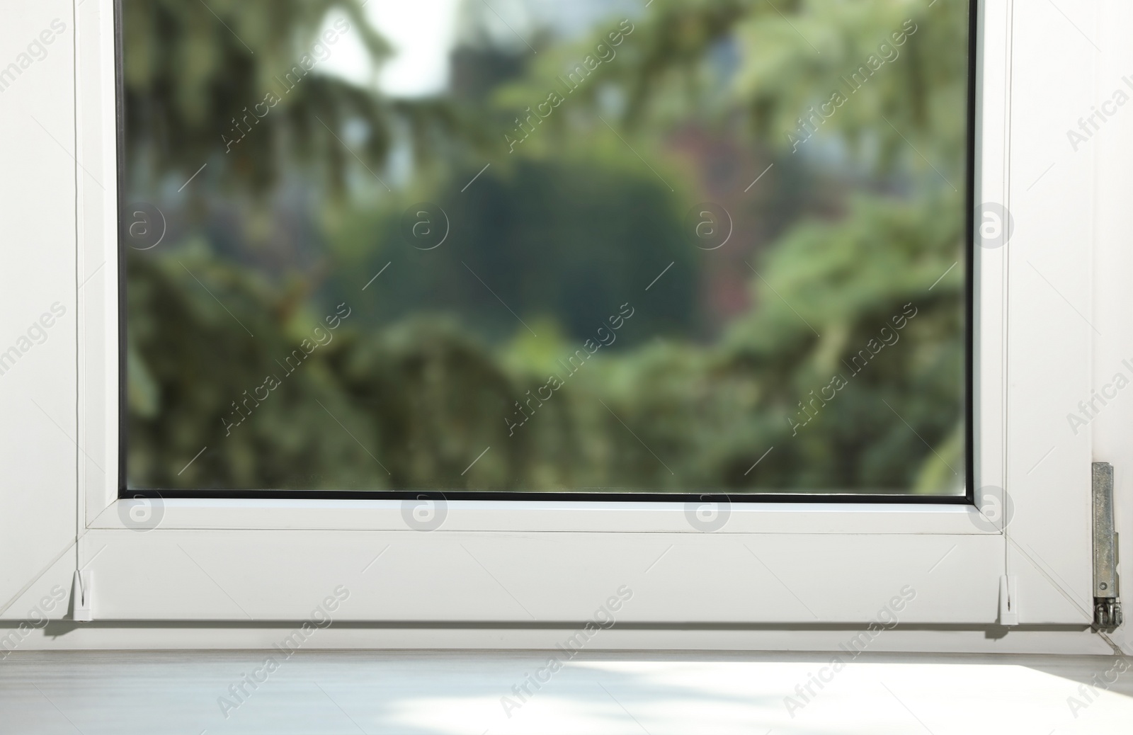 Photo of Empty wooden window sill and spruce trees outside