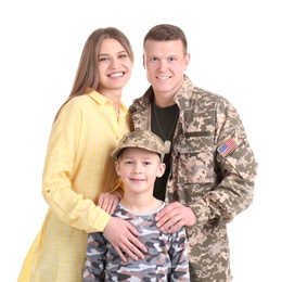 Photo of Male soldier with his family on white background. Military service