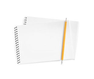 Photo of Two notebooks and pencil isolated on white, top view