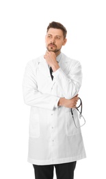 Photo of Portrait of pensive male doctor isolated on white. Medical staff