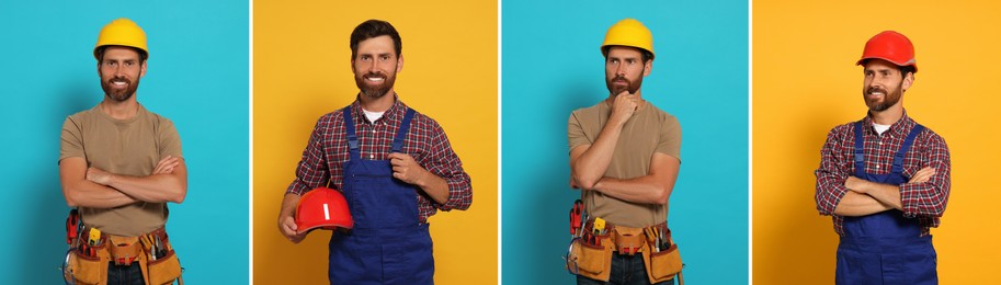 Image of Photos of builder on different color backgrounds, collage design