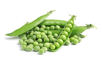 Photo of Delicious fresh green peas on white background