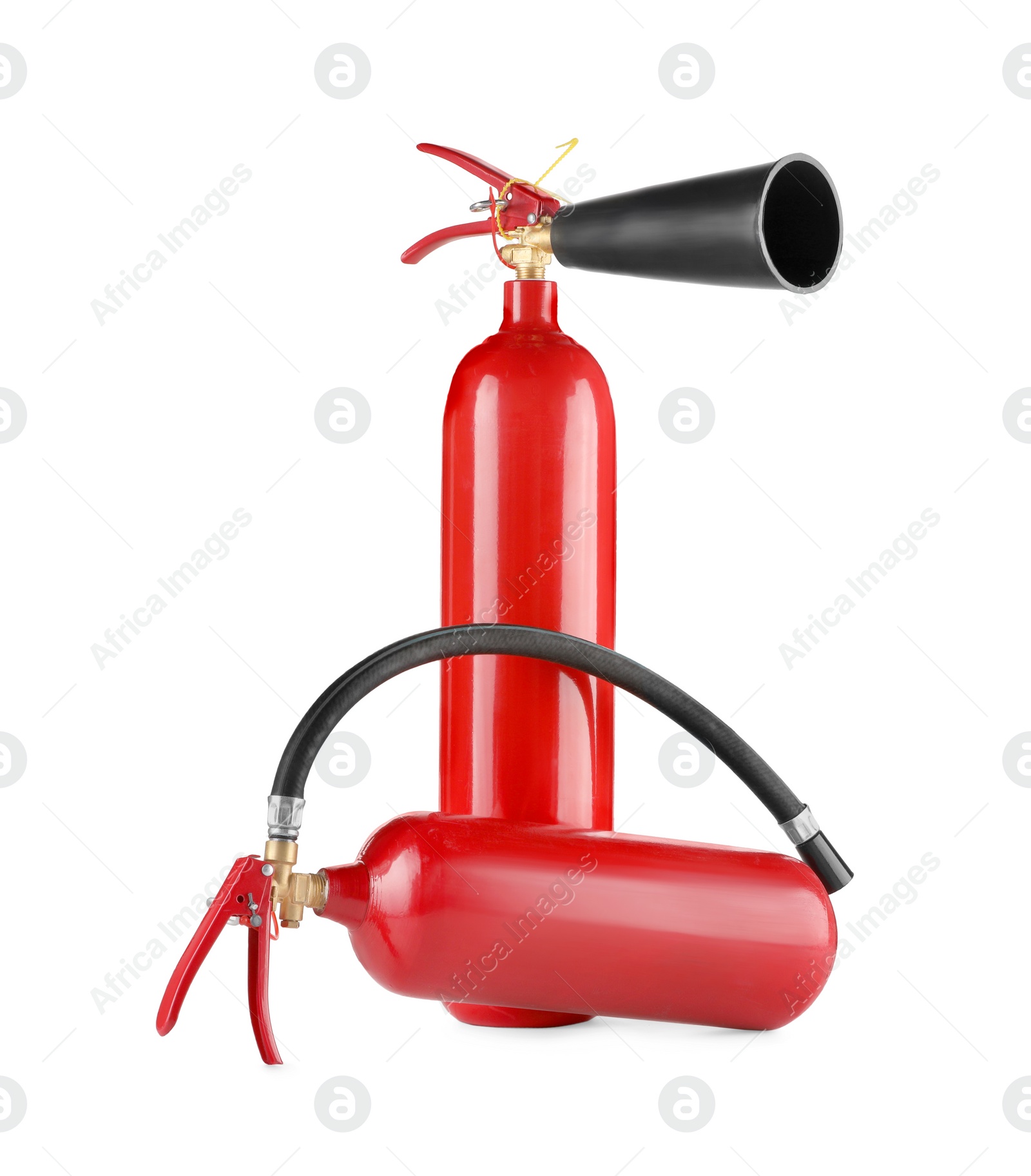 Photo of Two red fire extinguishers on white background