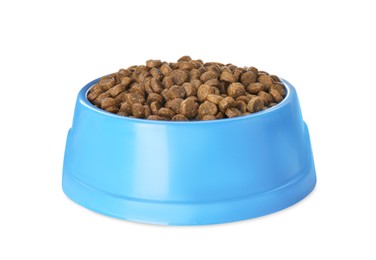 Dry food in blue pet bowl isolated on white