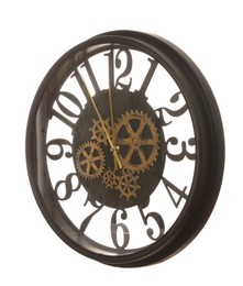 Photo of Stylish wall clock with gears showing five minutes until midnight on white background. New Year countdown