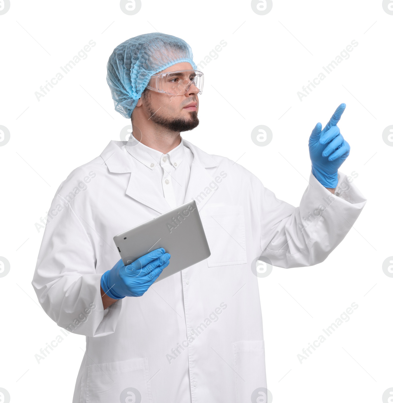 Photo of Quality control. Food inspector with tablet on white background