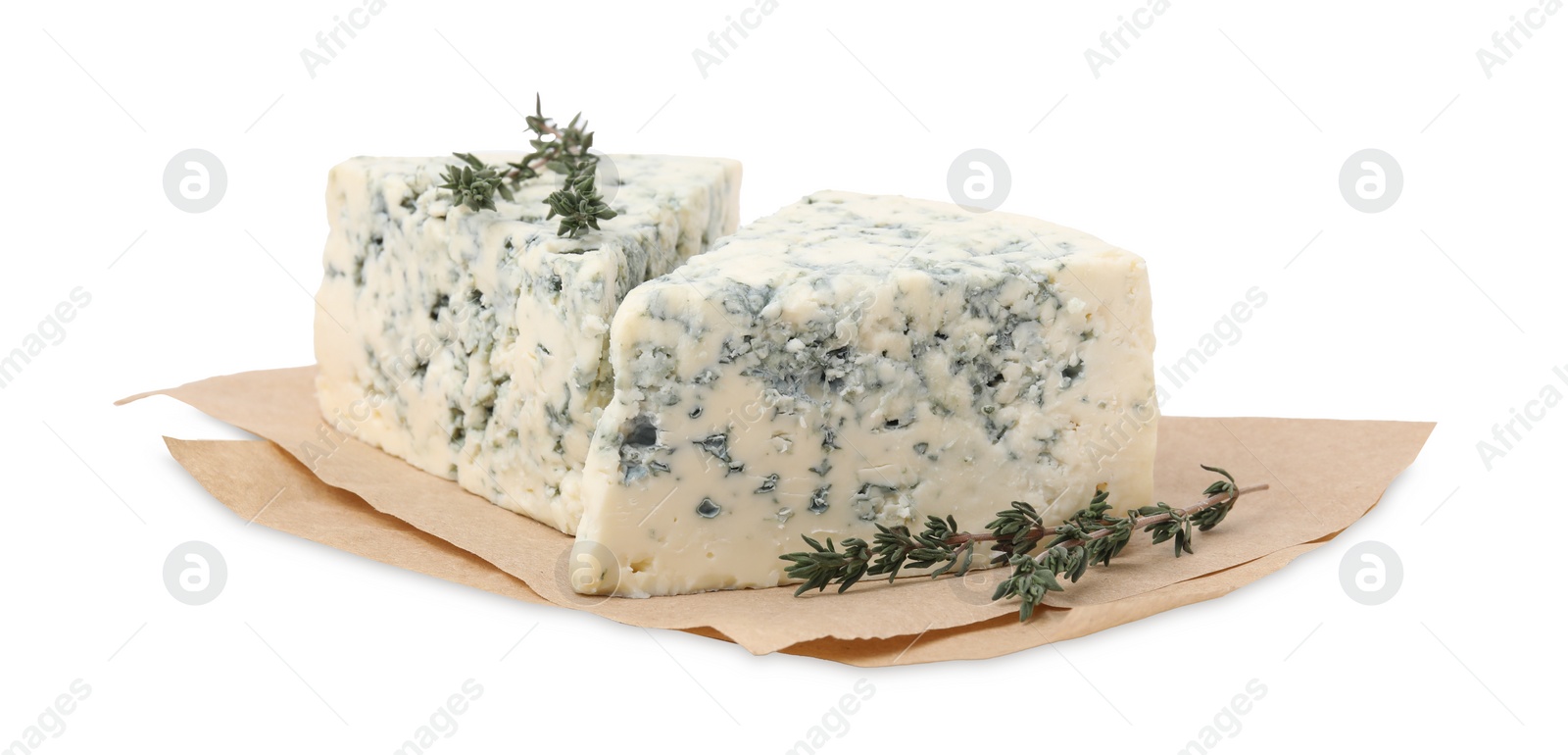 Photo of Tasty blue cheese with thyme isolated on white