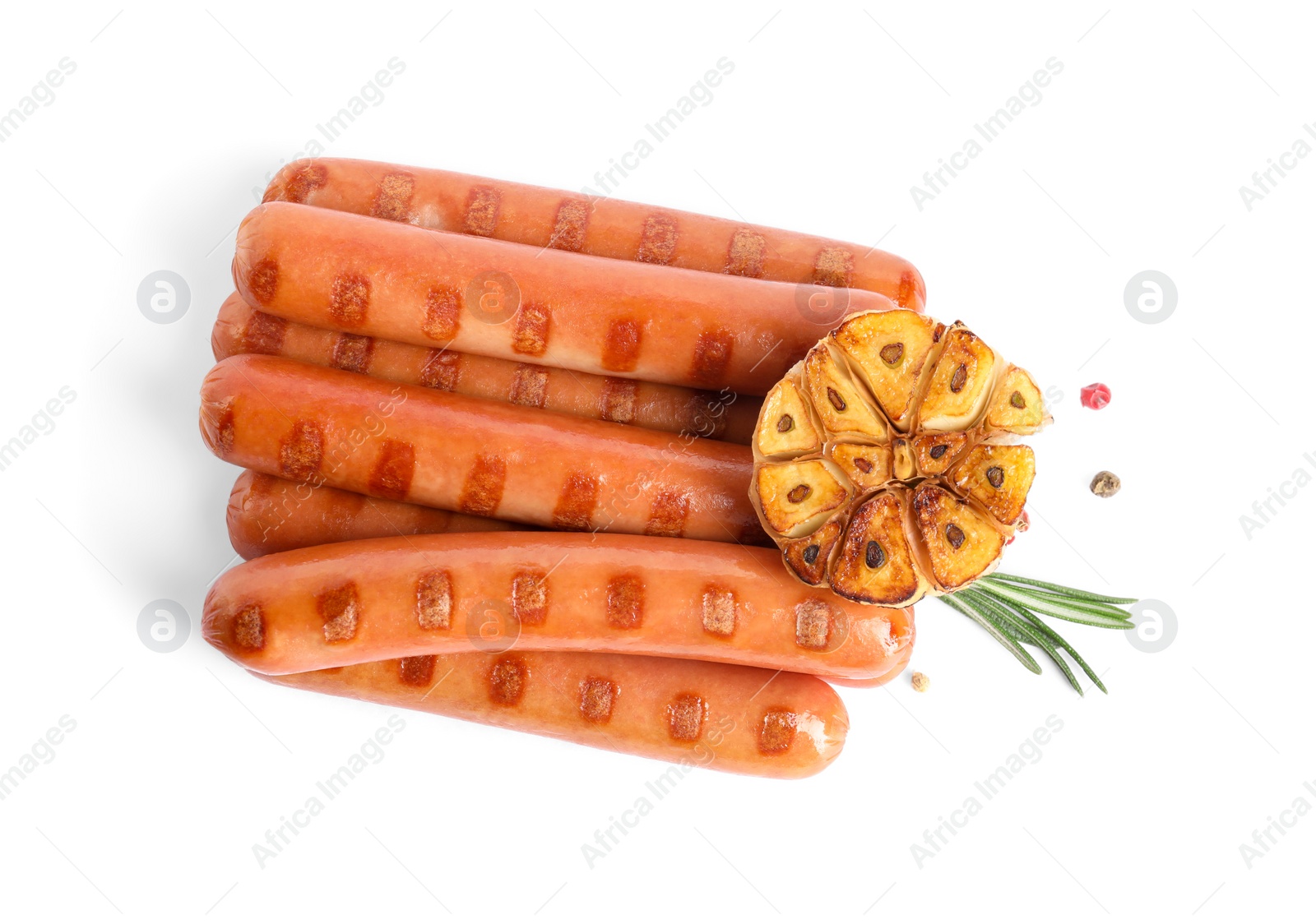 Photo of Grilled sausages and garlic with rosemary isolated on white, top view