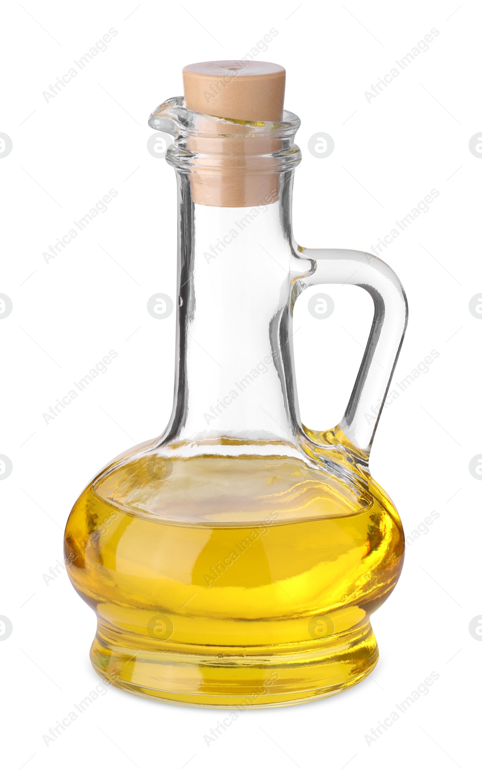 Photo of Glass jug of cooking oil isolated on white