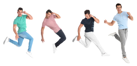 Image of Collage of emotional young man wearing fashion clothes jumping on white background. Banner design