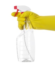 Photo of Woman holding plastic spray bottle with liquid isolated on white, closeup